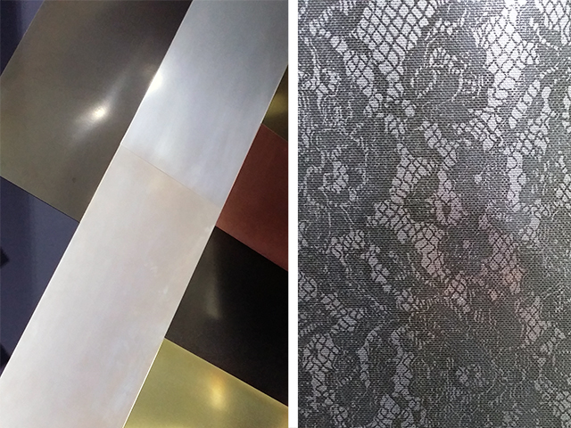 Left: Examples of different metals that oxidation can be applied on to / Right: Detail shot of lace oxidation